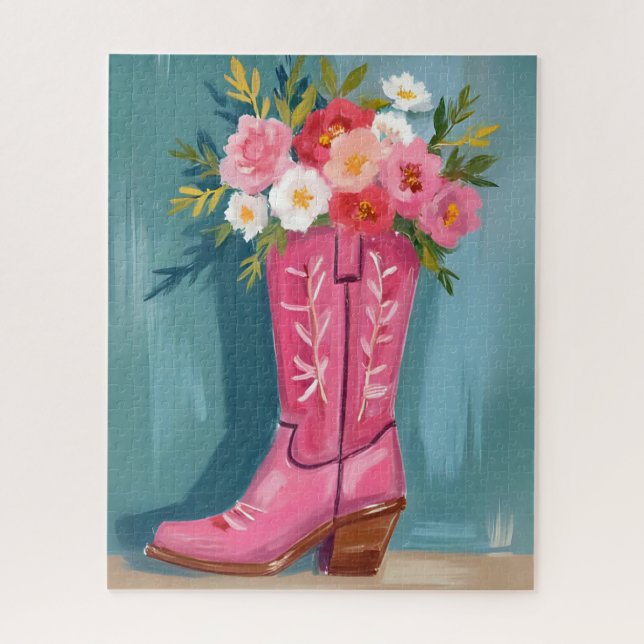 Puzzle Pink Cowgirl Boot Flower Bouquet Watercolor (Vertical)
