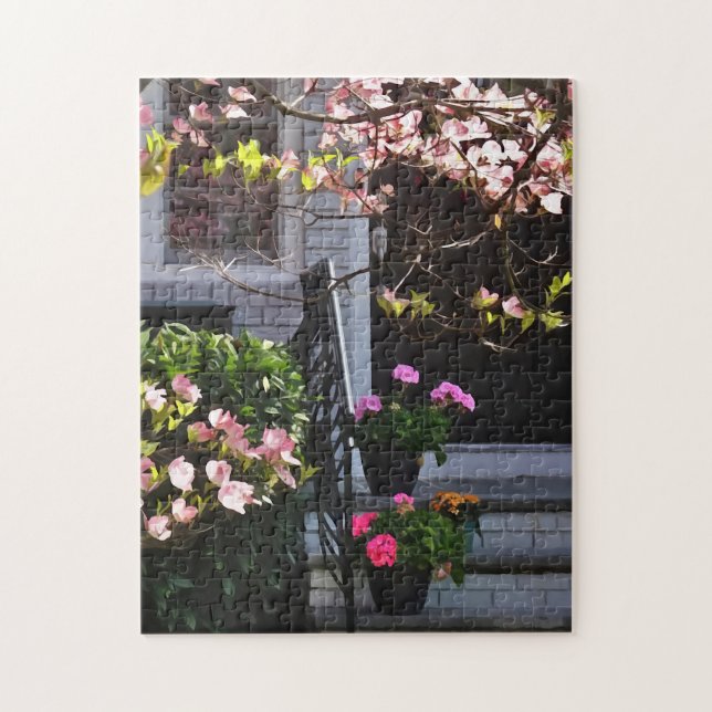 Puzzle Pink Dogwood and Pots of Geraniums (Vertical)