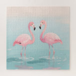 Puzzle Pink Flamingo Pair Watercolor Serenity<br><div class="desc">Capture pure tropical romance and gentle calm with this adorable pair of flamingos standing face-to-face in shallow turquoise water. Soft pastel pink feathers, delicate watercolor brushstrokes, and subtle blush-to-mint gradient background create a dreamy, peaceful mood. Gentle ripples circle their long legs, evoking tranquility, love, balance, and the effortless elegance of...</div>