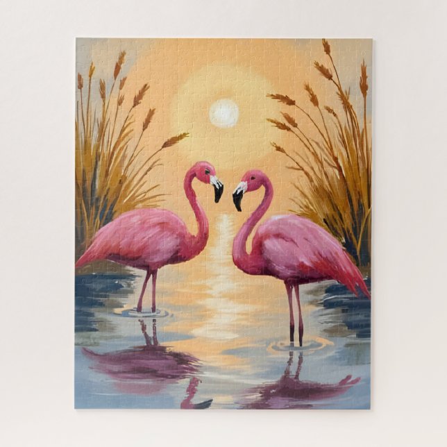 Puzzle Pink Flamingos Sunset Animal Painting (Vertical)