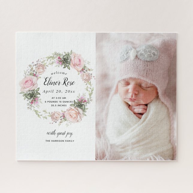 Puzzle Pink Floral Photo Faire-part de naissance Jigsaw P (Horizontal)
