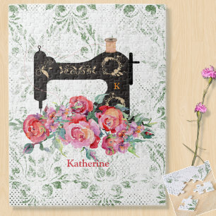 Puzzle Pink Floral Vintage Sewing Machine Personalized Ji