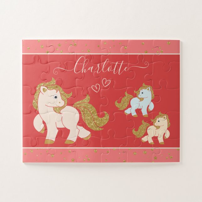 Puzzle Pink Glitter Ponies with First Name Little Girl (Horizontal)