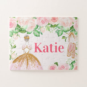 Puzzle Pink & Gold Ballerina Dance Themed Custom Name