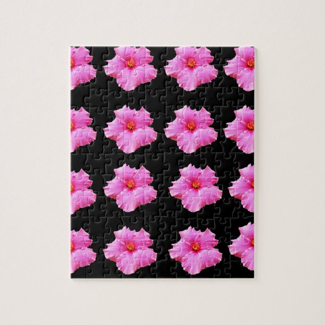 Puzzle Pink Hibiscus Flowers On Black, (Vertical)