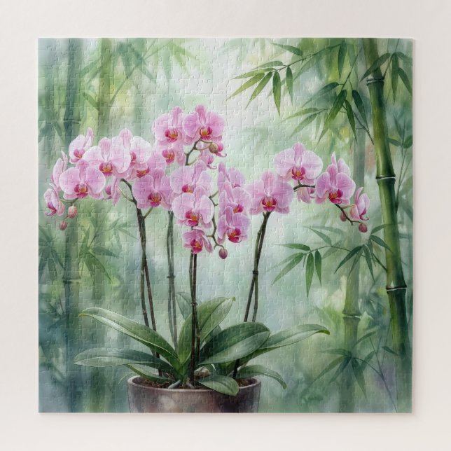 Puzzle Pink Orchid Plant On Bamboo Background (Vertical)