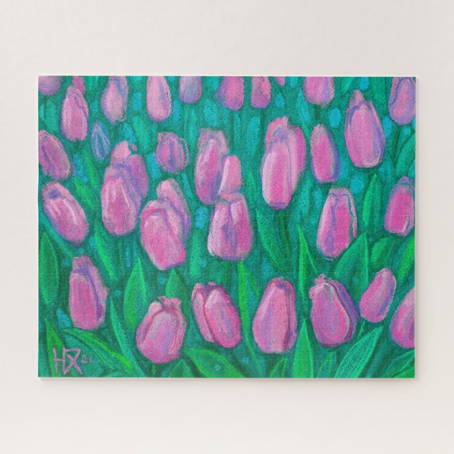 Puzzle Pink Tulips Field, Spring Flowers Floral Painting  (Horizontal)