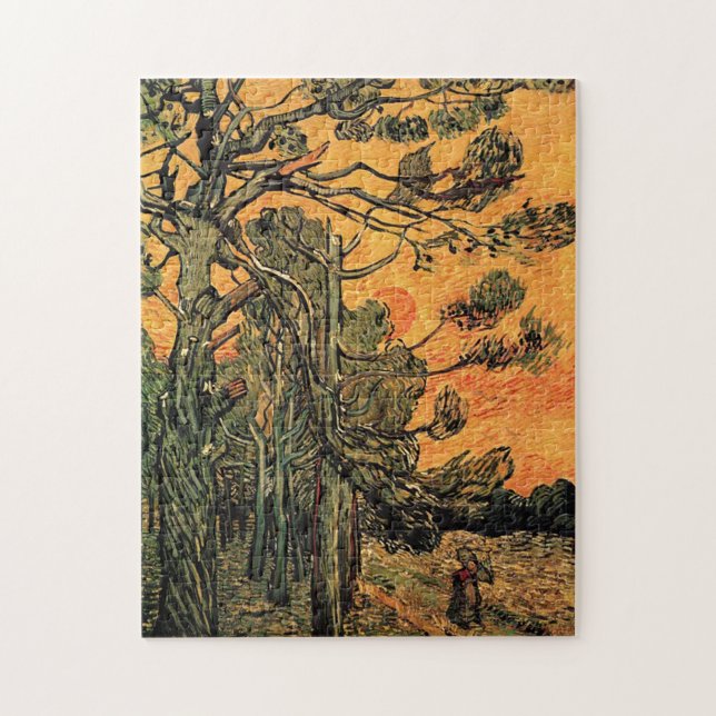 Puzzle Pins contre ciel rouge avec soleil couchant. (Vertical)