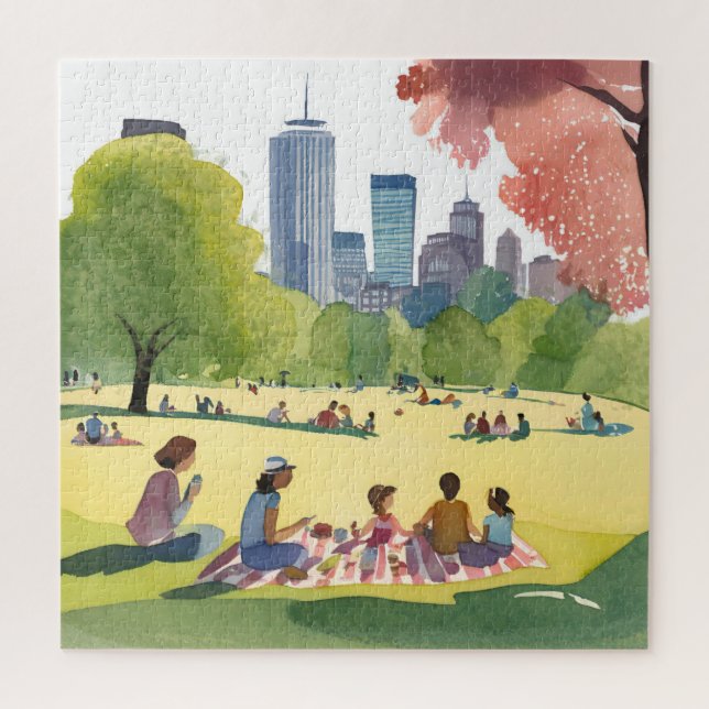 Puzzle Pique-nique à Boston Common | Peinture à l'aquarel (Vertical)