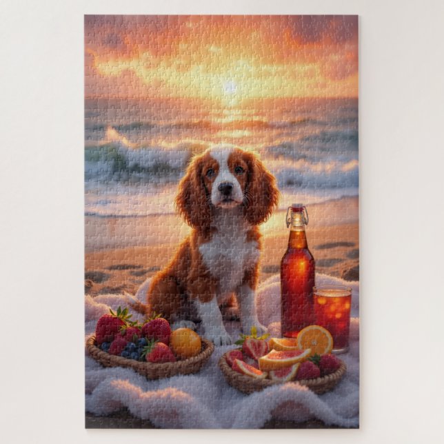 Puzzle Pique-nique de Brittany Spaniel sur la plage au co (Vertical)