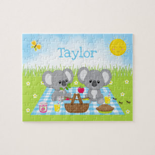 Puzzle Pique-nique d'ours Koala garçon bleu Gingham