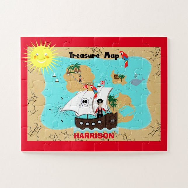 Puzzle Pirate Ship Treasure Map Cute Personnalisé Enfants (Horizontal)