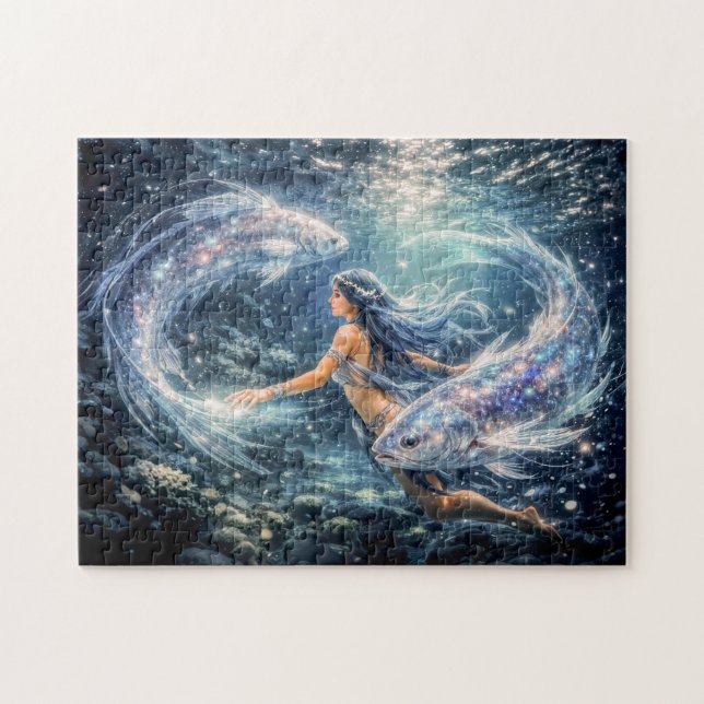 Puzzle Pisces Zodiac with Woman Surrounded by Two Glowing (Horizontal)