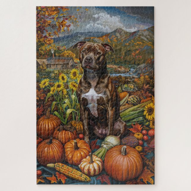 Puzzle Pitbull Chien Moisson Automne Thanksgiving (Vertical)