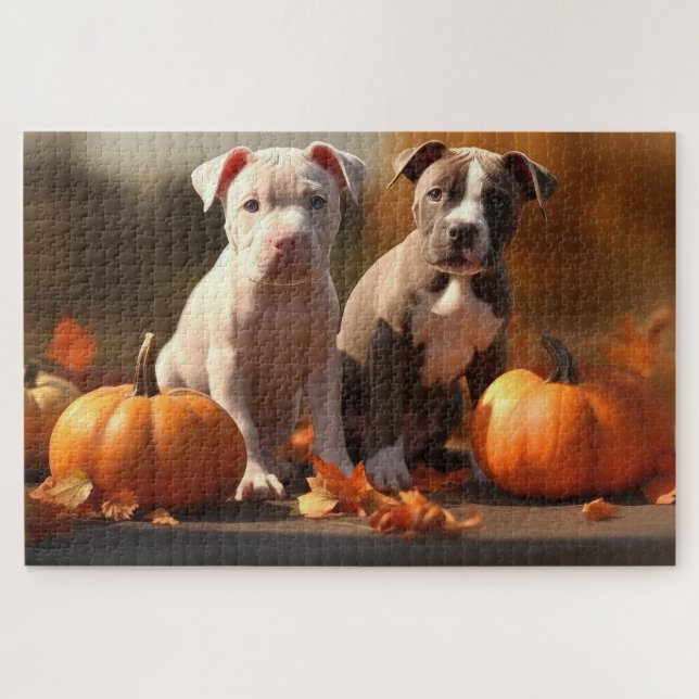 Puzzle Pitbull Chiot Automne Citrouille de plaisir (Horizontal)