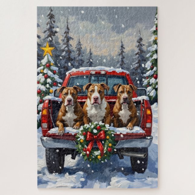Puzzle Pitbull Christmas Red Truck Holiday (Vertical)