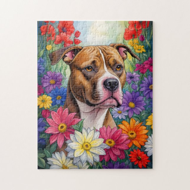Puzzle Pitbull dans le jardin des fleurs (Vertical)