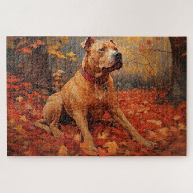 Puzzle Pitbull dans les feuilles d'automne tombent inspir (Horizontal)