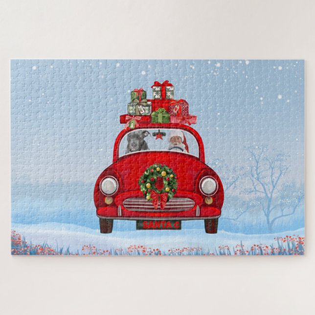 Puzzle Pitbull dans une voiture avec le Père Noël  (Horizontal)