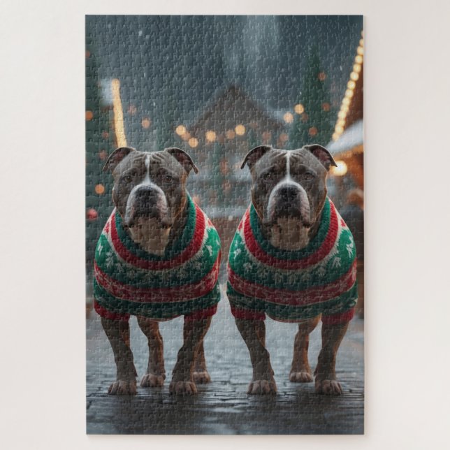 Puzzle Pitbull Dogs Christmas Snow Holiday (Vertical)