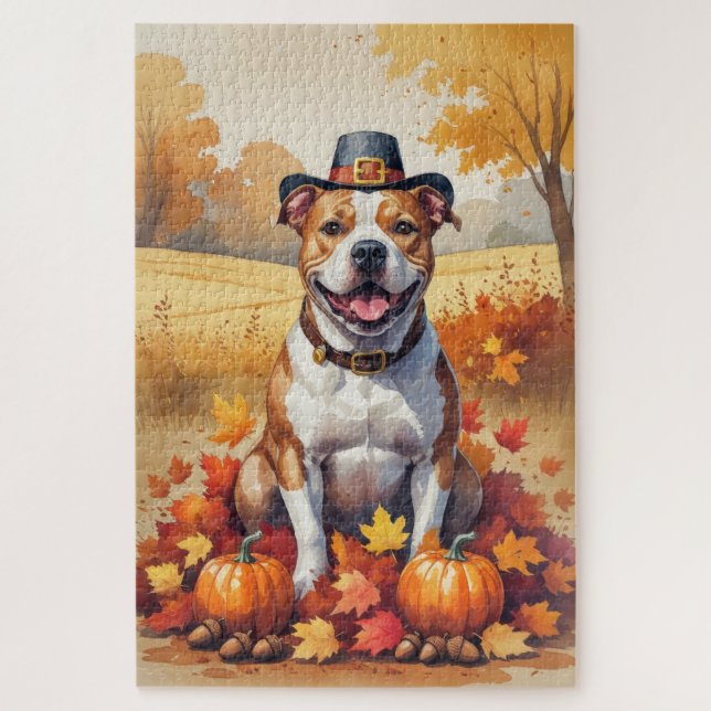 Puzzle Pitbull en automne feuilles d'art de Thanksgiving (Vertical)