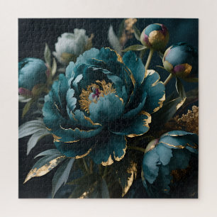 Puzzle Pivoine sarcelle or luxe floraison botanique
