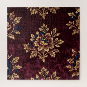 Puzzle Pivoine Velours Bourgogne Broderie Florale Or