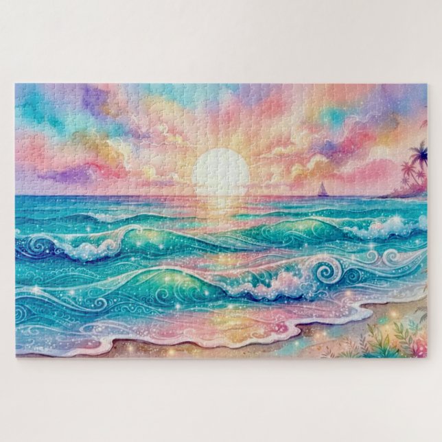 Puzzle Plage de coucher de soleil tropical océan aquarell (Horizontal)