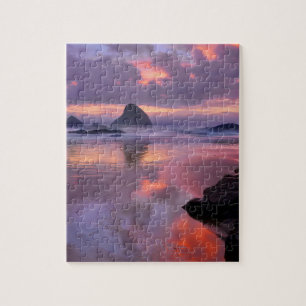 Puzzle Plage de l'Oregon et piles de mer, coucher de sole