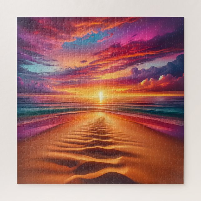 Puzzle Plage de sable menant à un coucher de soleil animé (Vertical)
