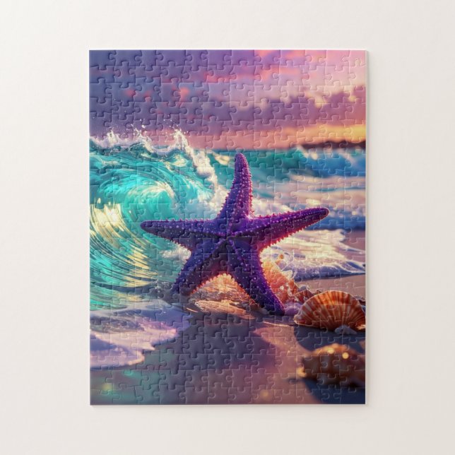Puzzle Plage océanique avec étoile de mer violette (Vertical)