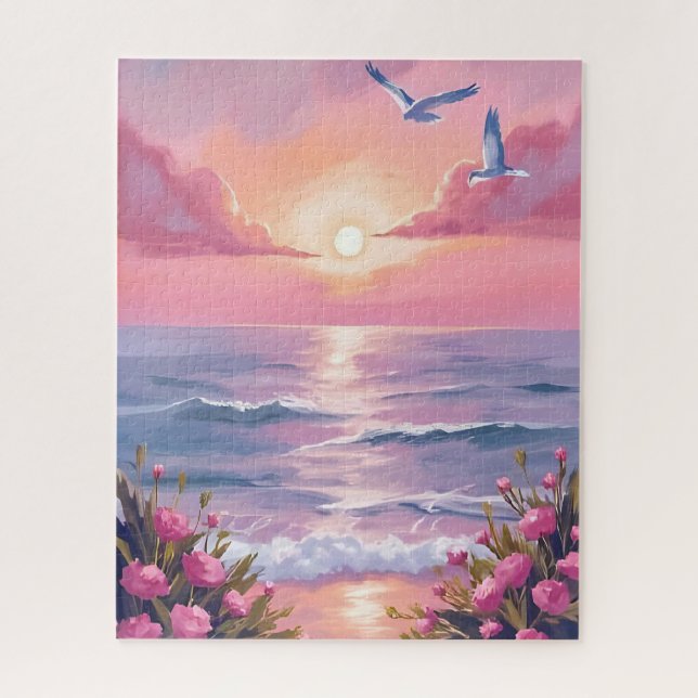 Puzzle Plage rose | Aquarelle côtière de coucher de solei (Vertical)