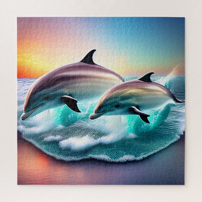 Puzzle Plage tropicale des Dolphins 3D Ocean Sunset Vibe (Vertical)