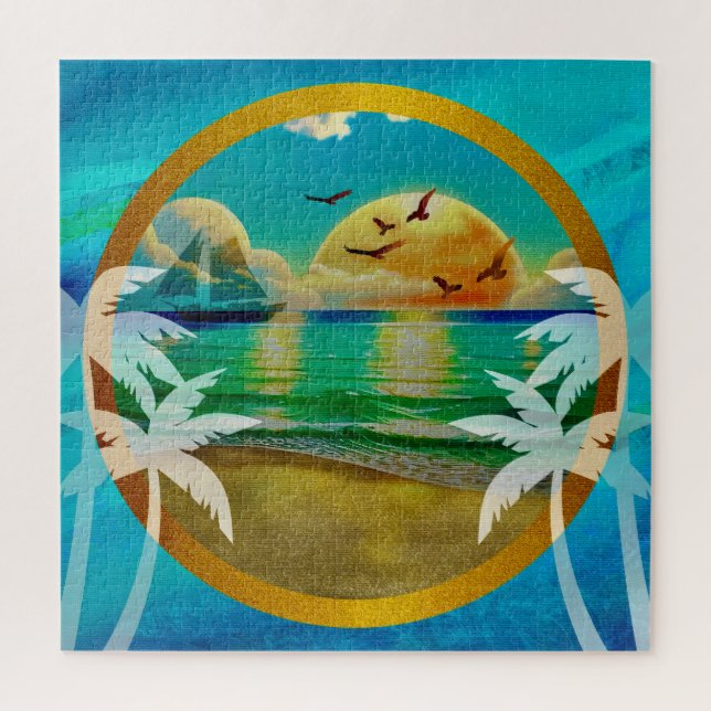 Puzzle Plage Tropicale Moderne Palmiers Coucher de Soleil (Vertical)