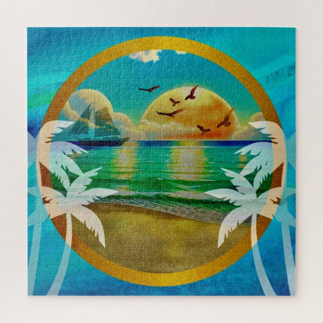 Puzzle Plage Tropicale Moderne Palmiers Coucher de Soleil (Vertical)