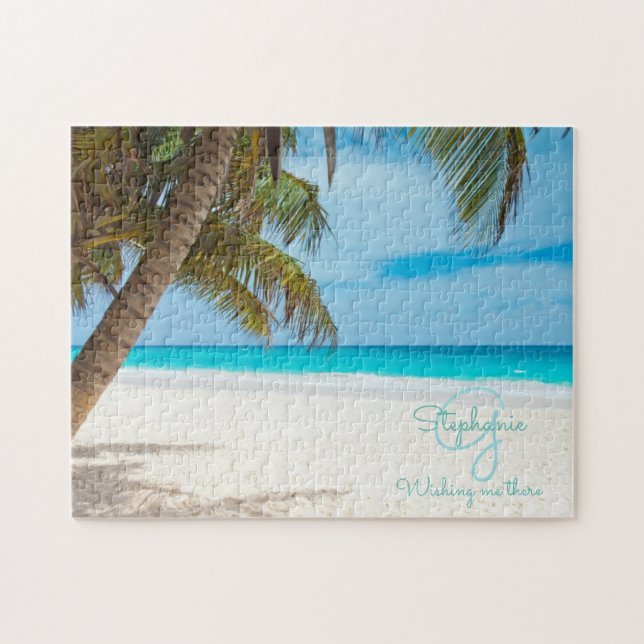 Puzzle Plage tropicale Turquoise Monogram Palm Tree (Horizontal)
