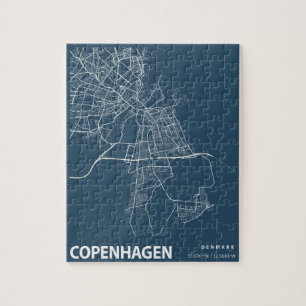 Puzzle Plan ville de Copenhague Ligne Art bleu Imprimer