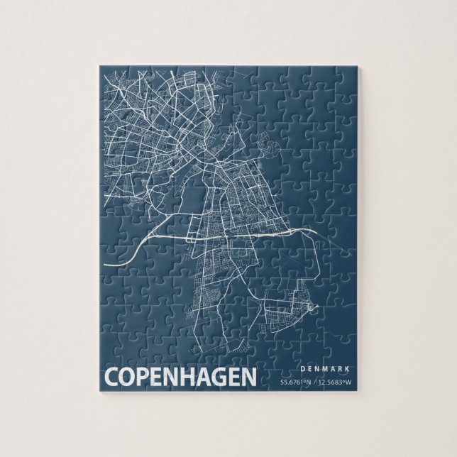 Puzzle Plan ville de Copenhague Ligne Art bleu Imprimer (Vertical)