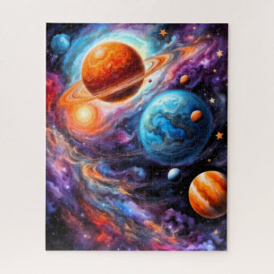 Puzzle Planètes colorées et planète à anneaux dans l'espa