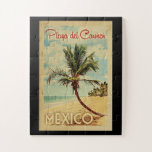 Puzzle Playa del Carmen Palm Tree Vintage Travel<br><div class="desc">A uniquely retro mid-century modern Playa del Carmen Mexico art print in vintage travel poster style. It features a curved palm tree on sandy beach with ocean under a blue cloudy sky.</div>