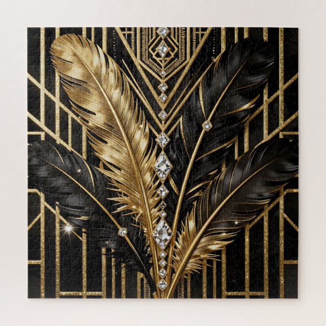 Puzzle Plumes Art Déco noir or (Vertical)