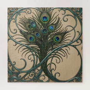Puzzle Plumes de paon Art nouveau Cadre sarcelle orné