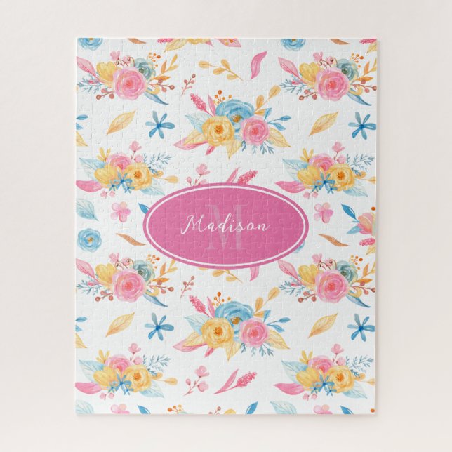 Puzzle Plutôt rose Motif Floral Monogramme (Vertical)