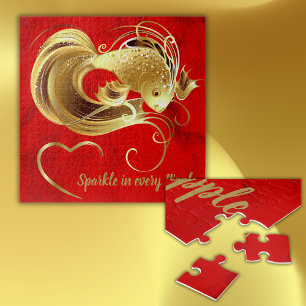 Puzzle Poisson doré sur feuille rouge monogramme