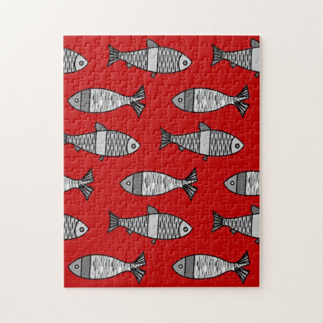 Puzzle Poisson moderne rétro, rouge profond et gris / gri (Vertical)