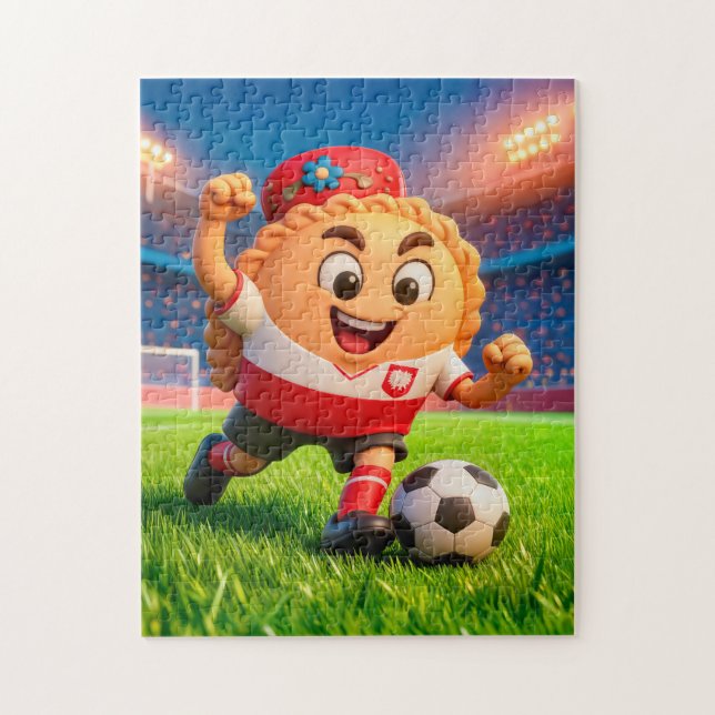 Puzzle Polish pierogi soccer player on bright stadium fie (Vertical)