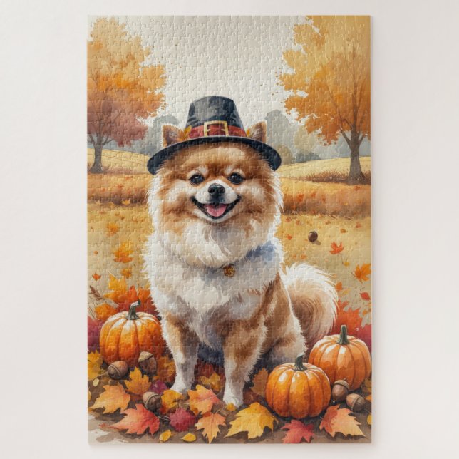 Puzzle Pomeranian dans les feuilles d'automne Art de Than (Vertical)