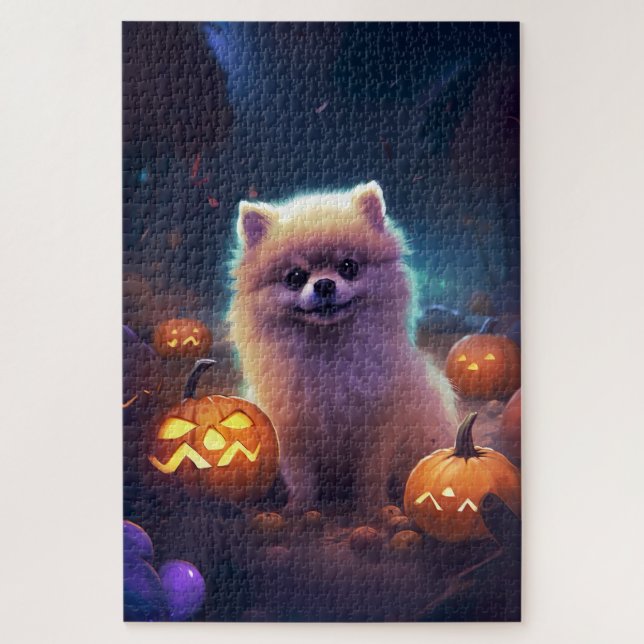 Puzzle Pomeranian Halloween avec citrouilles effrayant  (Vertical)
