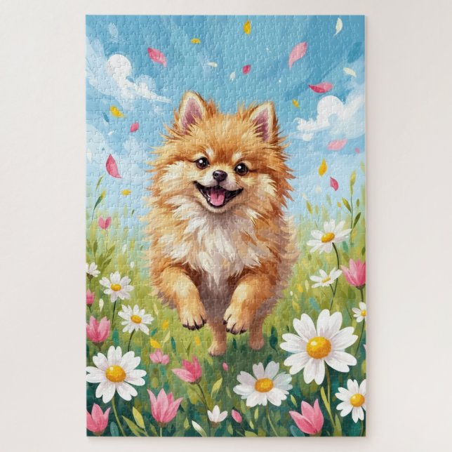 Puzzle Pomeranian Spring Daisy Field Cute Dog (Vertical)