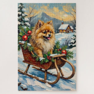 Puzzle Pomeranian vintage dans un traîneau de Noël en boi